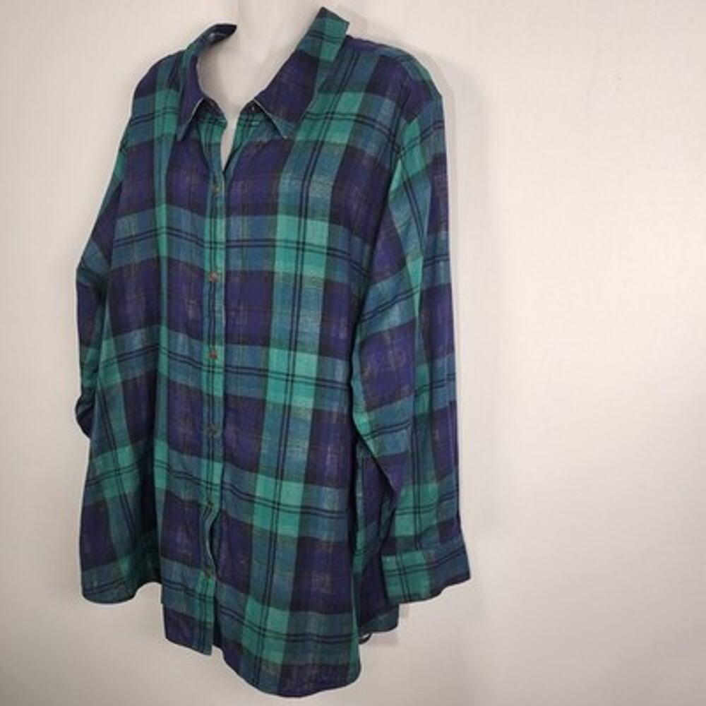 Joan Rivers Womens Cotton Plaid Reversible Boyfriend Shirt 2X Navy Emerald Snap - Picture 6 of 14